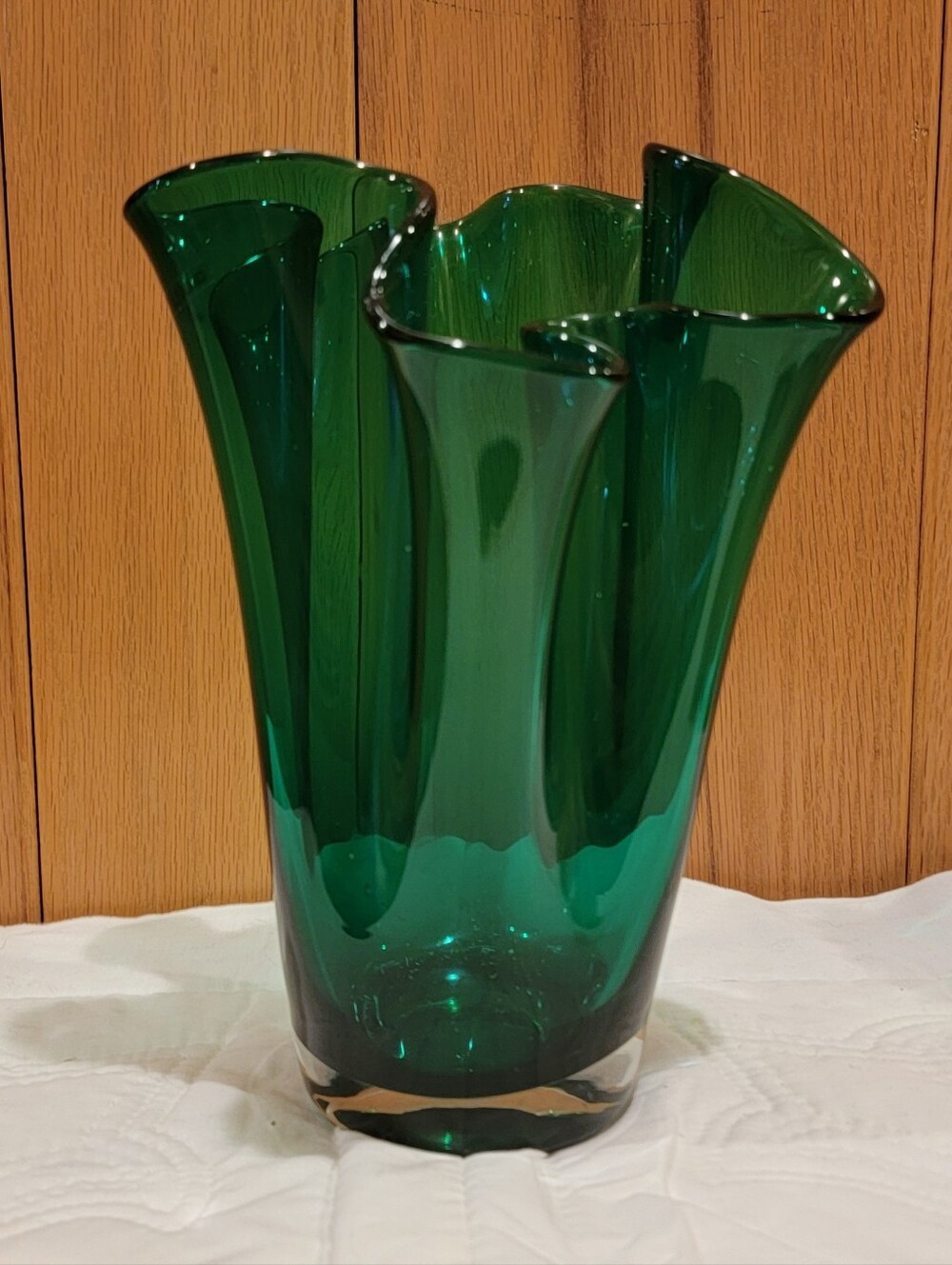Ruffled Handkerchief Wavy Edge Vase Rare Green Glass | Hand Made in Poland
